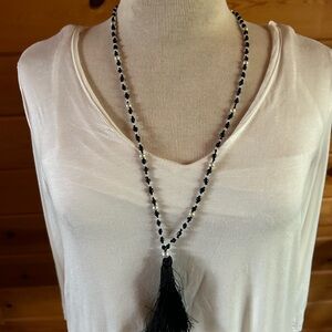 Black and White Bead Necklace with Tassel
